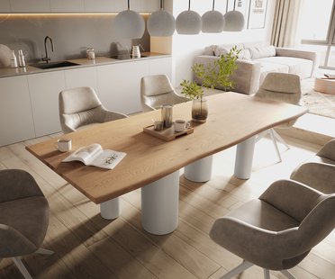 DELIFE Eetkamertafel Edge 260x100x2,5-3 eiken natuur Pilier metaal wit Live-Edge
