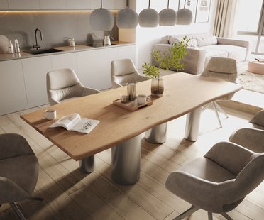DELIFE Eetkamertafel Edge 260x100x2,5-3 eiken natuurPilier roestvrij staal geborsteld Live-Edge