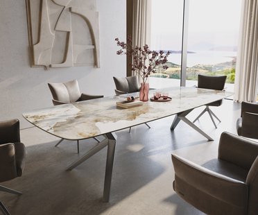 DELIFE Eettafel Edge Boot 300x120 cm Keramiek Minas Melange Wit-Beige Zenthara hoekig Roestvrij staal