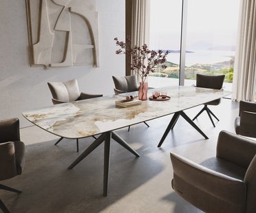 DELIFE Eettafel Edge Boot 300x120 cm Keramiek Minas Melange Wit-Beige Estelar rond Metaal Zwart