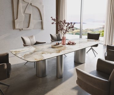 DELIFE Eettafel Edge Boot 300x120 cm Keramiek Minas Melange Wit-Beige Troa Roestvrij staal gebürstet