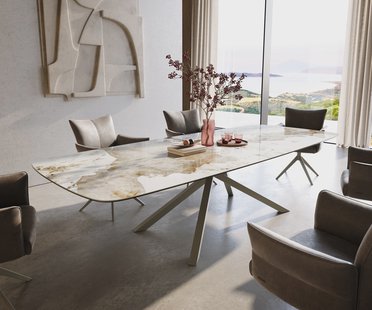 DELIFE Eettafel Edge Boot 300x120 cm Keramiek Minas Melange Wit-Beige kruisonderstel Rechthoek Effectafwerking Titan