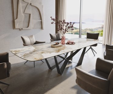 DELIFE Eettafel Edge Boot 300x120 cm Keramiek Minas Melange Wit-Beige Spider Flachstahl Roestvrij staal Grafiet