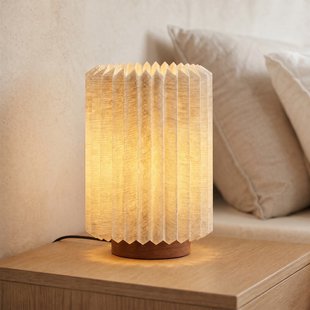 Tafellamp, walnoot/linnen, gevouwen, hoogte 30 cm - Lindby Maveo - Woonkamer - Scandinavisch - Stof - 1 lamp