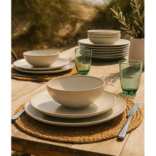 Cookinglife Serviesset Coastal Lines Ocean Beige 18-delig / 6 personen - 6 dinerborden, 6 ontbijtborden en 6 diepe borden