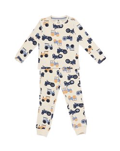 HEMA Kinderpyjama tractors met poppenpyjama gebroken wit (gebroken wit)