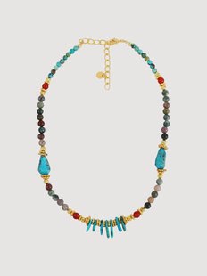 Vergulde halsketting Neo met turquoise, rode onyx en mosagaat