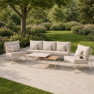Paolo 4 delige tuin loungeset beige - driezitsbank, twee fauteuils en twee salontafels - met beige zitkussens