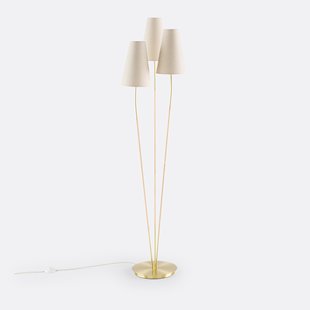 Drievoudige staande lamp in messing, linnen &amp; rotan, Amaya