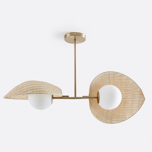 Dubbele lamp, opaline, rotan en messing Javana