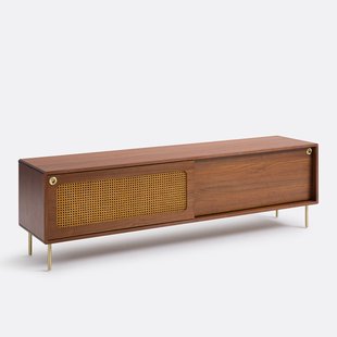 Tv-meubel in walnootfineer en rotanriet, lengte 180 cm, REDPOP