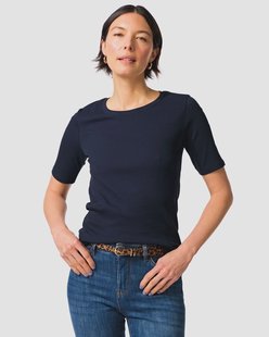 HEMA Dames T-shirt Clara regular fit rib donkerblauw (donkerblauw)