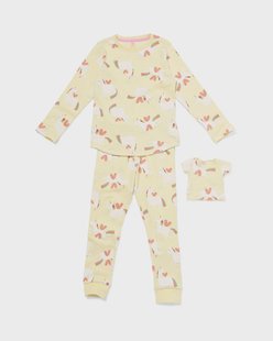 HEMA Kinderpyjama rib eenhoorn met poppenpyjama geel (geel)