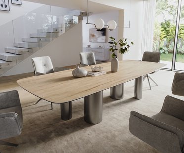 DELIFE Eettafel Edge Boot 300x120 cm Keramiek Laminam® Sabbia Eichefarbig Pilier Roestvrij staal Grafiet