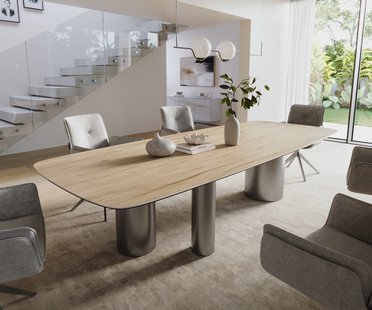 DELIFE Eettafel Edge Boot 300x120 cm Keramiek Laminam® Sabbia Eichefarbig Troa Roestvrij staal Grafiet