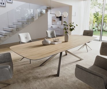 DELIFE Eettafel Edge Boot 300x120 cm Keramiek Laminam® Sabbia Eichefarbig kruisonderstel Rechthoek Roestvrij staal Grafiet