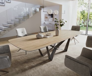 DELIFE Eettafel Edge Boot 300x120 cm Keramiek Laminam® Sabbia Eichefarbig Spider Flachstahl Roestvrij staal Grafiet