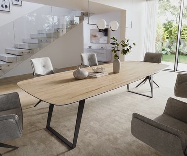DELIFE Eettafel Edge Boot 300x120 cm Keramiek Laminam® Sabbia Eichefarbig Metaal Schräg Zwart