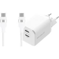 BlueBuilt Power Delivery Oplader met 2 Usb C Poorten 65W + Usb C Kabel 3m Nylon Wit