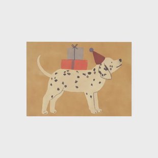 Kaart, dalmati&euml;r met feesthoed en cadeau