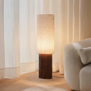 Kimiko vloerlamp, walnoothout, textiel, hoogte 100 cm, E27 - Lindby - Woonkamer - Scandinavisch - Stof - Met lampenkap