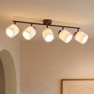 Lindby plafondspot Shiloh, 5-lamps, walnoot/beige, hout