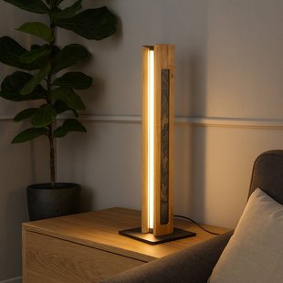 Elobra LED tafellamp Chile, 4-zijdig, eiken/kleurrijke leisteen, 54 cm