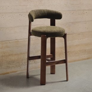 Kave Home Barkruk Granite Chenille en essenhout - Groen/Bruin (zithoogte 75cm)