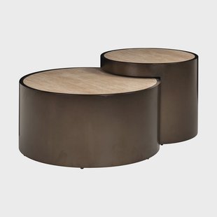 Richmond Salontafel Ronson Travertinlook / Brons, Set van 2 stuks - Beige - Rond