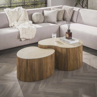 LifestyleFurn Niervormige Salontafel Beckie Mangohout en Keramiek in Travertin-look, Set van 2 stuks - Bruin - Organisch