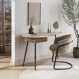 LifestyleFurn Bureau/Kaptafel Jaems Travertin- en eikenlook, 127 x 62cm - Beige