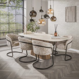 LifestyleFurn Deens Ovale Eettafel Laycie Keramiek in Travertin-look, 215 x 105cm - Bruin - Ovaal