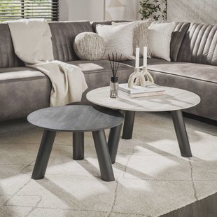 LifestyleFurn Ronde Salontafel Dallen Keramiek met travertinlook, Set van 2 stuks - Grijs - Organisch