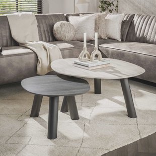 LifestyleFurn Salontafel Dallen Keramiek met travertinlook, Set van 2 stuks - Grijs - Organisch