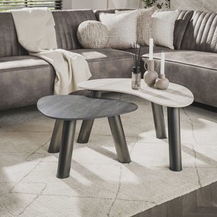 LifestyleFurn Organische Salontafel Dallen Keramiek met travertinlook, Set van 2 stuks - Grijs