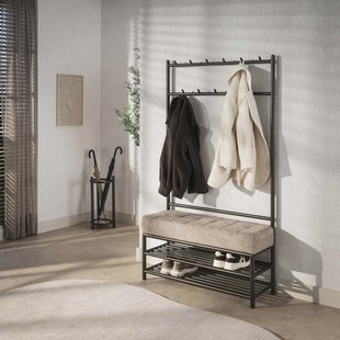 LifestyleFurn Staande Kapstok Karalynn Met 11 haken en bankje, Stof en staal - Bruin