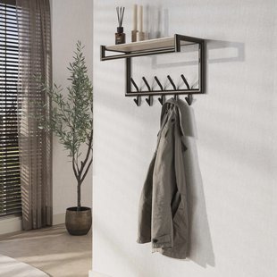 LifestyleFurn Kapstok Markita Staal en travertinlook, Met 2x 5 haken en hoedenplank - Drift Brown