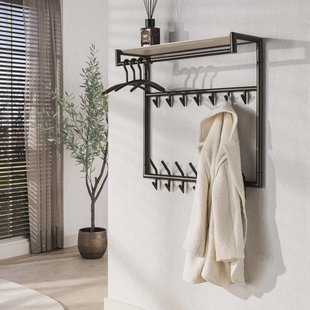 LifestyleFurn Kapstok Markita Staal en travertinlook, Met 3x 7 haken en hoedenplank - Drift Brown