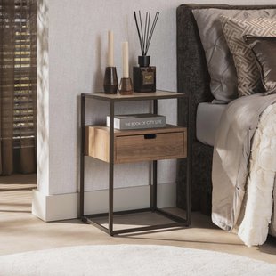 LifestyleFurn Nachtkastje Thom Travertin- en eikenlook, Met 1 lade - Bruin