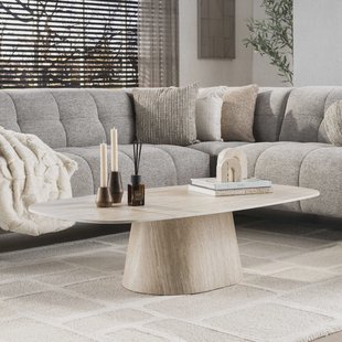 LifestyleFurn Deens Ovale Salontafel Indar Keramiek in Travertinlook, 135 x 70cm - Beige - Ovaal