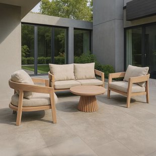 Livingfurn Loungeset Bilbao Teakhout, Met bank, 2 stoelen en tafeltje - Naturel