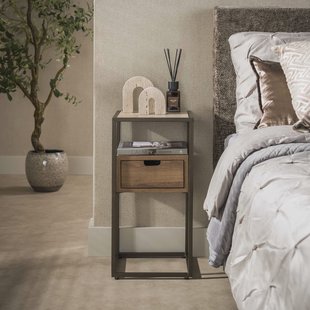 LifestyleFurn Nachtkastje Nikka Eikenlook en travertinlook, Met 1 lade - Bruin