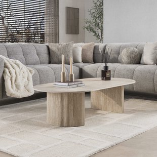 LifestyleFurn Ovale Salontafel Laycie Keramiek in Travertin-look, 135 x 70cm - Beige - Ovaal