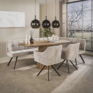 LifestyleFurn Hoek-Eetkamerbank Thandie Hoven stof, Rechts - Zand/Bruin