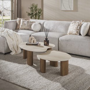 LifestyleFurn Organische Salontafel Akai Keramiek in Travertinlook, Set van 2 stuks - Bruin