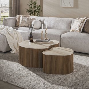 LifestyleFurn Organische Salontafel Akai Keramiek in Travertin-look, Set van 2 stuks - Bruin