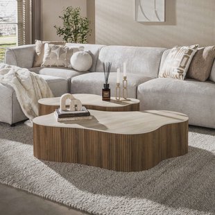 LifestyleFurn Organische Salontafel Akai Keramiek in Travertin-look, Set van 2 stuks - Bruin