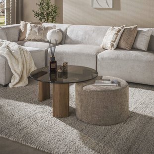 LifestyleFurn Ronde Salontafel Kely Brons glas en chenille poef - Bruin