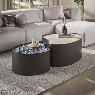 LifestyleFurn Organische Salontafel Kaity Keramiek in Travertinlook en bruin glas, Set van 2 stuks