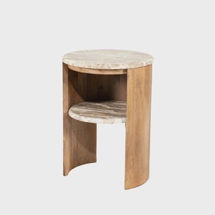 By-Boo Ronde Bijzettafel Marbelon Marmer en mangohout, 40cm - Natuurlijk